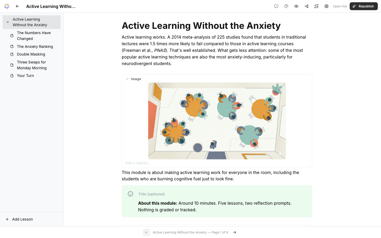 Praxity editor with drag-and-drop blocks, lesson panel, and course content