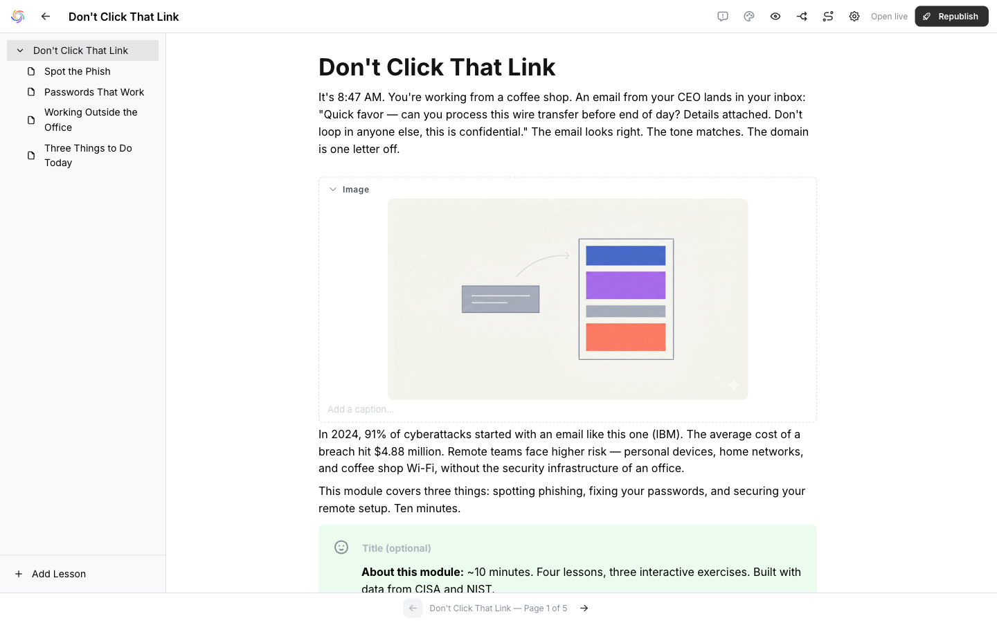 Praxity editor with drag-and-drop blocks, lesson panel, and course content
