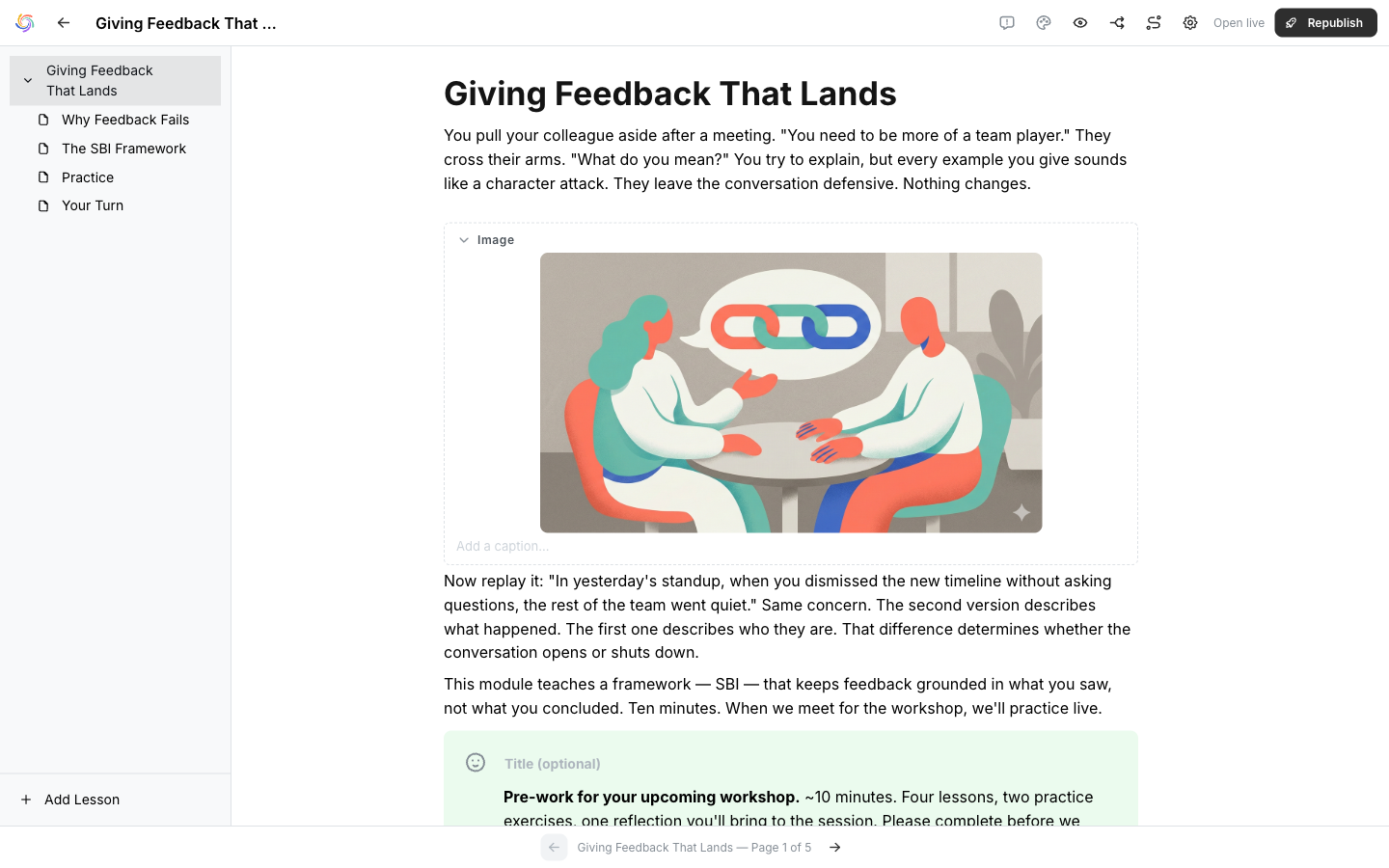 Praxity editor with drag-and-drop blocks, lesson panel, and course content